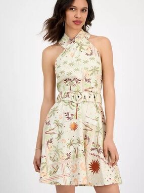 RACHEL Rachel Roy Halter A Line Tropical Print Belted Dress
